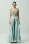 COUTURE BY NIHARIKA_Blue Organza Embroidered Cutdana Sweetheart Cape Pant Set _Online_at_Aza_Fashions