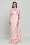 COUTURE BY NIHARIKA_Pink Satin Georgette Embroidered Pearl Round Pre-draped Saree Set _at_Aza_Fashions
