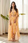 Shop_Pasha India_Yellow Swiss Satin Print Jasmine Cape Open Neck Skirt Set _Online_at_Aza_Fashions