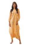 Pasha India_Yellow Cotton Rayon Print Jasmine Round Neck Dhoti Jumpsuit _at_Aza_Fashions