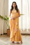 Buy_Pasha India_Yellow Swiss Satin Print Jasmine Sweetheart Neck Saree Gown _at_Aza_Fashions