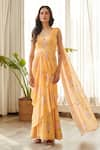 Pasha India_Yellow Swiss Satin Print Jasmine Sweetheart Neck Saree Gown _Online_at_Aza_Fashions