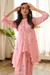 Pasha India_Pink Swiss Satin Print Floral Stand Collar Asymmetric Peplum Dress _at_Aza_Fashions