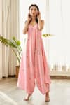 Pasha India_Pink Cotton Rayon Print Floral V Neck Bloom Draped Jumpsuit _Online_at_Aza_Fashions