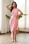 Shop_Pasha India_Pink Swiss Satin Print Pre-draped Slit Skirt Saree With Blouse _Online_at_Aza_Fashions