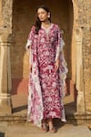 Buy_Sage Saga_Maroon Modal Printed Floral Notched Rosetta Kaftan _at_Aza_Fashions