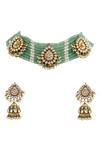 Shop_Riana Jewellery_Green Beads, Diamonds Kundan Embellished Choker Necklace Set _at_Aza_Fashions