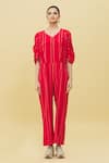 Khwaab by Sanjana Lakhani_Red Cotton Stripes V Neck Pattern Jumpsuit _at_Aza_Fashions