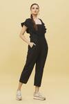 Shop_Samyukta Singhania_Black Poplin Solid Square Neck Pleated Overlay Jumpsuit _Online_at_Aza_Fashions