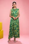 Buy_SIARRA_Yellow Satin Chiffon Printed Leaf Round Top And Pant Set _at_Aza_Fashions