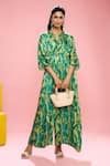 Buy_SIARRA_Yellow Satin Cotton Printed Leaf Notched Kaftan Jumpsuit _at_Aza_Fashions