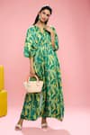 Shop_SIARRA_Yellow Satin Cotton Printed Leaf Notched Kaftan Jumpsuit _at_Aza_Fashions