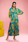 Buy_SIARRA_Blue Satin Cotton Printed Floral Notched Pattern Kaftan Jumpsuit _at_Aza_Fashions