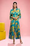 Shop_SIARRA_Blue Satin Cotton Printed Floral Notched Pattern Kaftan Jumpsuit _at_Aza_Fashions