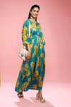 Shop_SIARRA_Blue Satin Cotton Printed Floral Notched Pattern Kaftan Jumpsuit _Online_at_Aza_Fashions