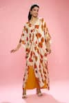 Shop_SIARRA_Ivory Satin Chiffon Printed Floral V Neck Tunic And Pant Set _Online_at_Aza_Fashions