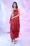 Buy_SIARRA_Purple Satin Chiffon Printed Leaf Round Draped Dress _at_Aza_Fashions