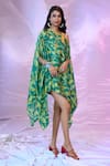 Buy_SIARRA x AZA_Green Satin Chiffon Printed Leaf Asymmetric Dress _Online_at_Aza_Fashions