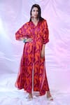 Buy_SIARRA x AZA_Purple Satin Cotton Printed Leaf Mandarin Collar Jumpsuit _at_Aza_Fashions