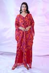 Buy_SIARRA x AZA_Purple Satin Chiffon Printed Leaf V-neck Gathered Tunic With Pant _at_Aza_Fashions