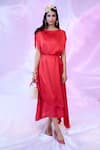 Shop_SIARRA x AZA_Red Satin Georgette Plain Boat Neck Layered Asymmetric Dress With Belt _at_Aza_Fashions