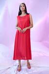 SIARRA x AZA_Red Satin Georgette Plain Boat Neck Layered Asymmetric Dress With Belt _at_Aza_Fashions