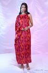 Buy_SIARRA_Red Satin Cotton Printed Leaf Round Dress _at_Aza_Fashions