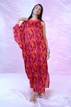 Shop_SIARRA_Red Satin Cotton Printed Leaf Round Dress _Online_at_Aza_Fashions