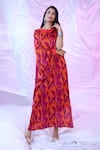 Shop_SIARRA_Red Satin Cotton Printed Leaf Round Dress _at_Aza_Fashions