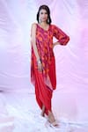Buy_SIARRA x AZA_Red Satin Georgette Printed Leaf Asymmetric Cowl Dress With Overlay _at_Aza_Fashions