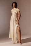 Buy_Advait_Ivory Bemberg Satin Slub Solid Asymmetric Elio Draped Slit Dress  _at_Aza_Fashions