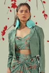 Coeur Green Natural Crepe Kaze Bloom Crop Blazer Draped Skirt Set Online at Aza Fashions Coeur_Green Natural Crepe Kaze Bloom Crop Blazer Draped Skirt Set _Online_at_Aza_Fashions