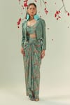 Shop Coeur Green Natural Crepe Kaze Bloom Crop Blazer Draped Skirt Set Online at Aza Fashions Shop_Coeur_Green Natural Crepe Kaze Bloom Crop Blazer Draped Skirt Set _Online_at_Aza_Fashions