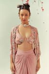 Coeur_Peach Natural Crepe Print Florence V Mizu Shrug Draped Skirt Set _at_Aza_Fashions