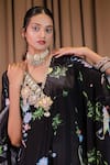 Foram Patel_Black Natural Crepe Embroidered Shell V Neck Floral Print Kaftan With Inner _at_Aza_Fashions