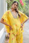 Shop_Foram Patel_Yellow Natural Crepe Embroidered Cowrie Shell Printed Neckline Kurta Pant Set _Online_at_Aza_Fashions