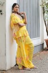 Shop_Foram Patel_Yellow Natural Crepe Embroidered Cowrie Shell Printed Neckline Kurta Pant Set 