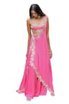 Foram Patel_Pink Natural Crepe Embroidered Shell Sweetheart Mirror Cape Flared Pant Set _at_Aza_Fashions