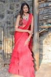 Buy_Foram Patel_Red Georgette Hand Border Work Ruffle Pre-draped Skirt Saree With Blouse _at_Aza_Fashions