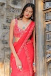 Shop_Foram Patel_Red Georgette Hand Border Work Ruffle Pre-draped Skirt Saree With Blouse _Online_at_Aza_Fashions