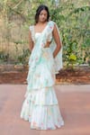 Buy_Foram Patel_White Georgette Printed Floral Ruffle Pre-draped Saree With Embroidered Blouse _at_Aza_Fashions