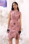 Buy_Sahil Kochhar_Pink Linen Embellished Applique Round Nazia Doodle Abstract Dress  _at_Aza_Fashions