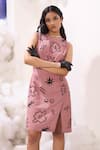 Buy_Sahil Kochhar_Pink Linen Embellished Applique Round Nazia Doodle Abstract Dress  _Online_at_Aza_Fashions