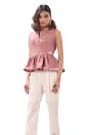 Buy_Sahil Kochhar_Pink Poplin Embroidered Applique V-neck Saya Peplum Top  _Online_at_Aza_Fashions