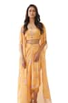 Pasha India_Yellow Swiss Satin Print Jasmine Cape Open Neck Skirt Set _Online