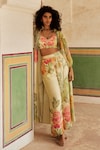 Buy_Paulmi and Harsh_Green Habutai Printed Floral Sweetheart Flower Jacket Trouser Set _at_Aza_Fashions