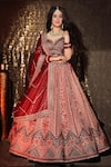 Shop_Sidhaarth & Disha_Red Blouse Velvet Embroidery Dori Leaf Neck Gulbahar Lehenga Set_at_Aza_Fashions