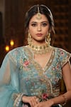 Shop_Sidhaarth & Disha_Blue Blouse And Lehenga Raw Silk Embroidery Resham V Neck Phool Gul Set_at_Aza_Fashions