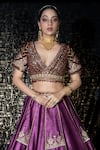 Shop_Sidhaarth & Disha_Wine Blouse And Lehenga Tissue Organza Embroidery Resham Sheesh Darbar Set _at_Aza_Fashions