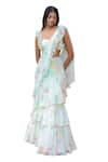 Foram Patel_White Georgette Printed Floral Ruffle Pre-draped Saree With Embroidered Blouse _at_Aza_Fashions